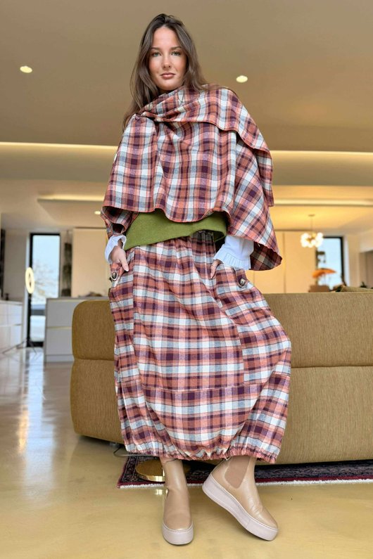 Roberta Plaid Brushed Cotton Balloon Hem Skirt Amber